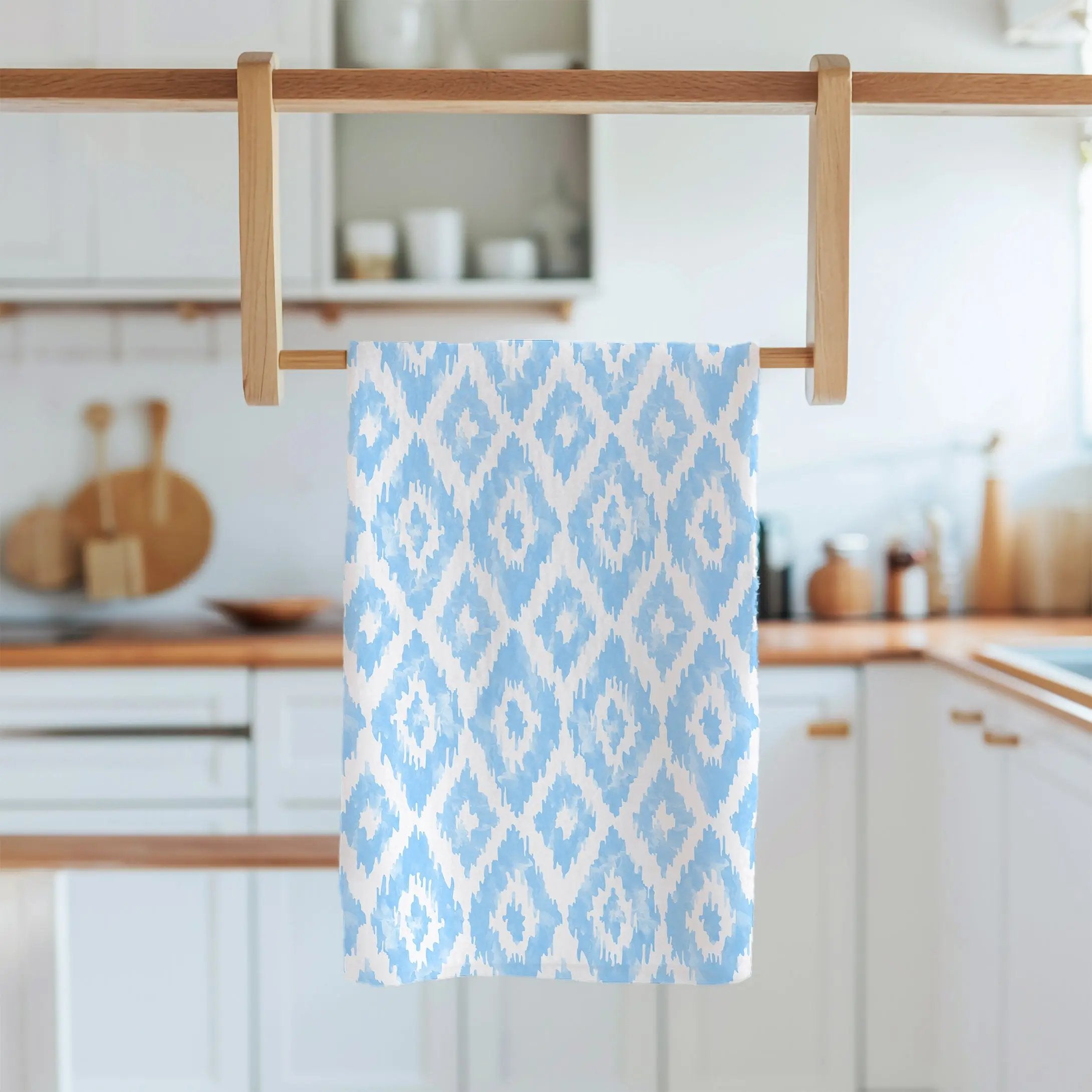 Designer Tea Towel Watercolor Ikat Diamonds Light Blue Katherine Way